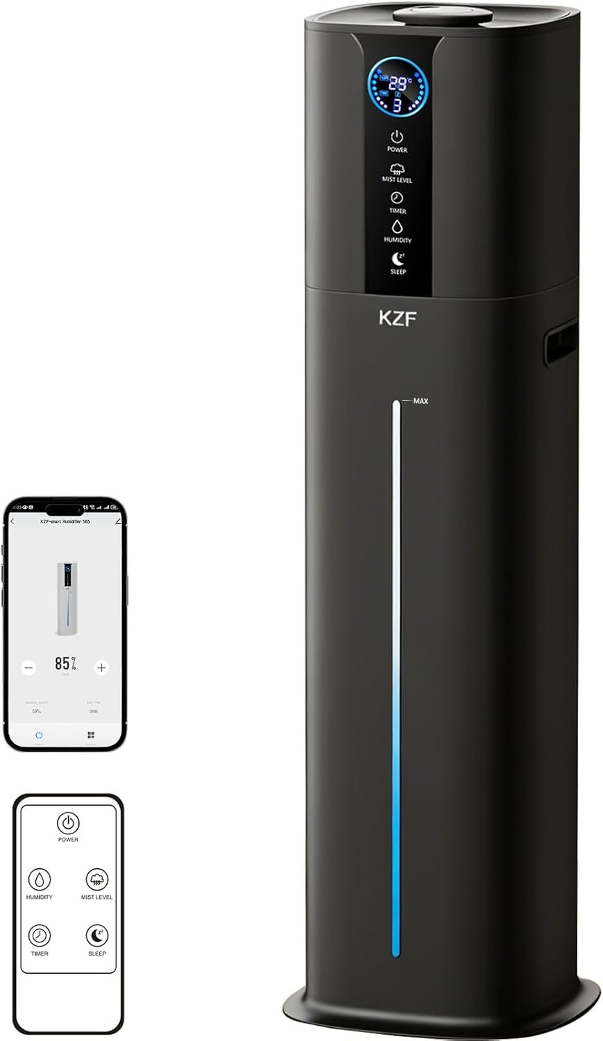 KZF 9L Smart Humidifiers for Bedroom Large Room, 2.3Gal Cool Mist Top Fill Diffuser App & Remote Control, 3 Mist Modes, Quiet Humidifier for Home Office Plant (9L Black App)