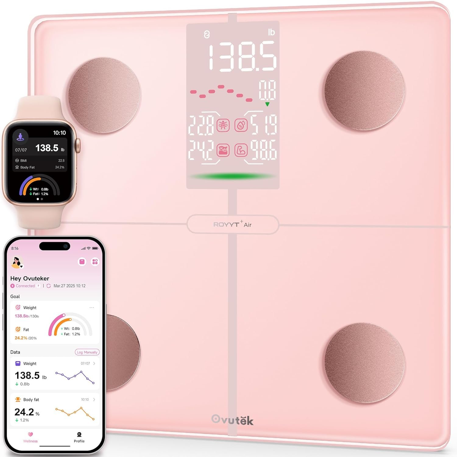 Ovutek Smart Scale for Body Weight, Professional Bathroom Digital Weighing Scale with BMI, Body Fat, Muscle Mass, Accurate Bluetooth Home User Health Equipment Sync Apps - Pink