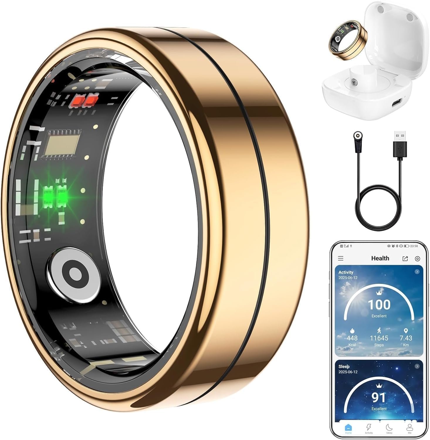 Fit Ring for Women Men, Ring Health Tracker with Heart Rate,Blood Oxygen,Heart Rate Variability, Stress, Sleep Monitor, Step Counter, Smart Ring for iPhone & Android, No Subscription Fee (Gold, 8#
