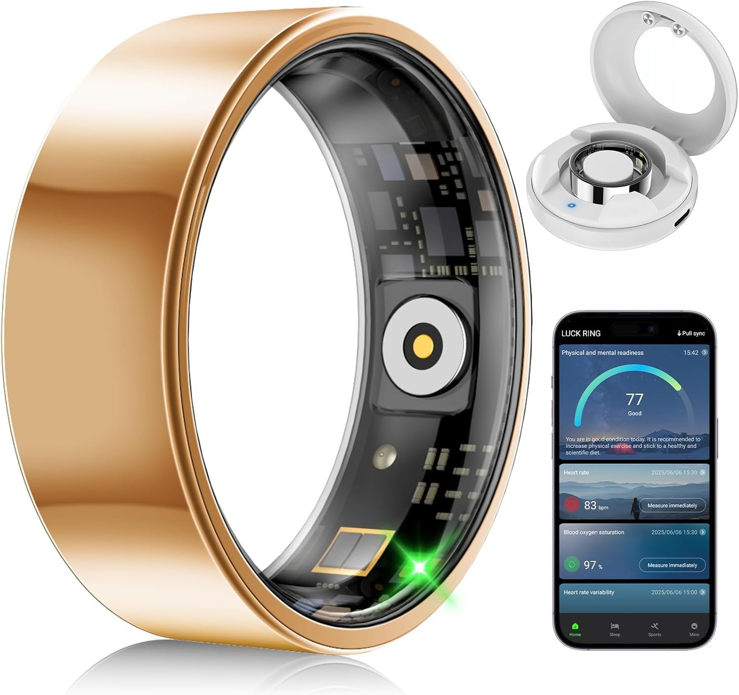 Smart Fitness and Activity Ring for Men and Women - Track Heart Rate Stress Sleep Steps and Blood Oxygen, 10ATM Waterproof Fitness Tracker for iPhone and Android, No Subscription Fee, Size 7