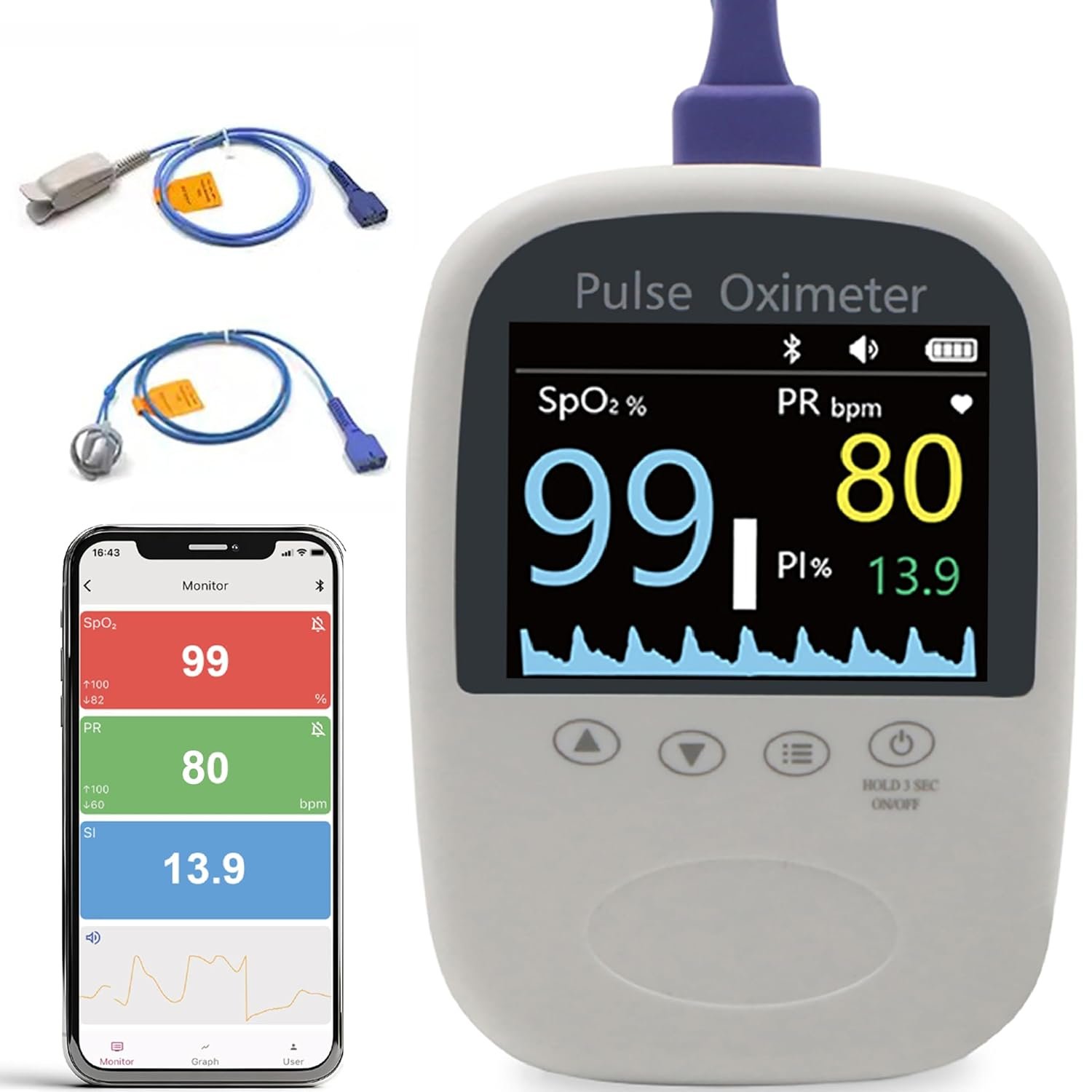 Handheld Fingertip Pulse Oximeter,Bluetooth Fingertip Oxygen Tracker with Free APP, SPO2 & Pulse Rate Monitor for Adults - Fast & Accurate Results,3 Probe Sensor & Battery Included