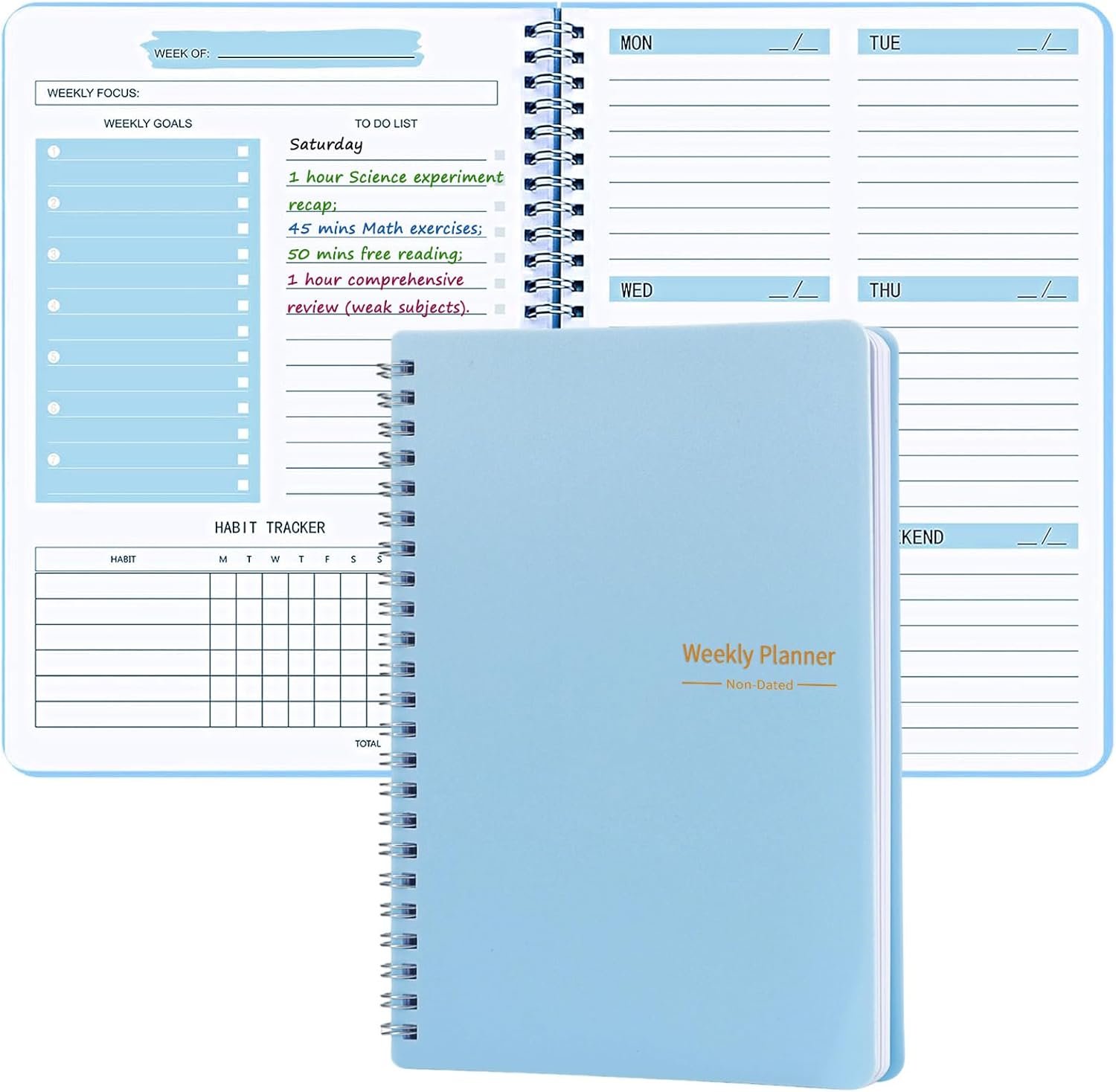 71QLJSXisjL._AC_SL1500_.jpg Undated Weekly Planner with Goal & Habit Tracker Notebook, Small A5 to Do List Week Planners Spiral Binding Personal Goal Journal Non Dated Weekly Planner Simple Agenda Planners for Work Kids School - Image 1