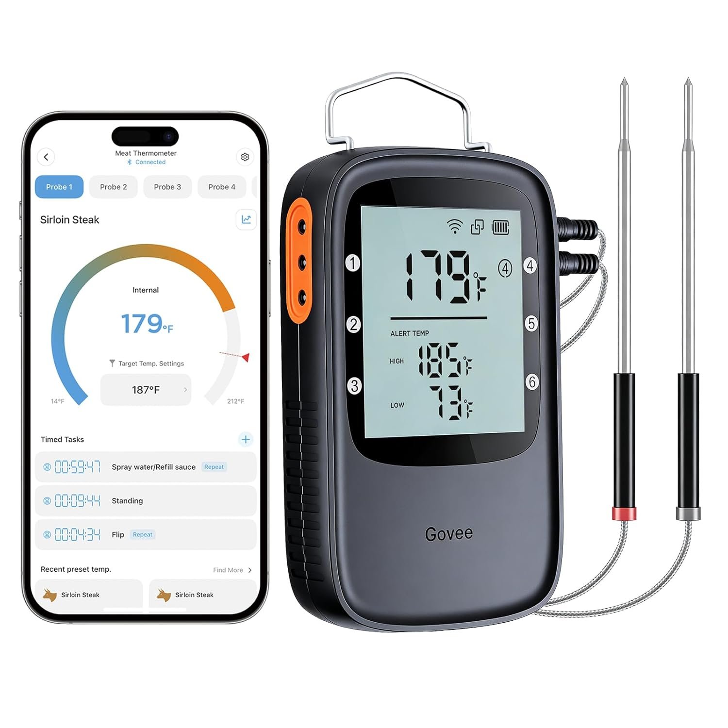 Govee Digital WiFi Meat Thermometer for Grilling & Smoking, Wireless Meat Thermometer with 2 Thin Probes, Timer & Alert, LCD Backlight, Bluetooth Food Thermometer for Ovens, BBQs, Cooking Turkey, Beef