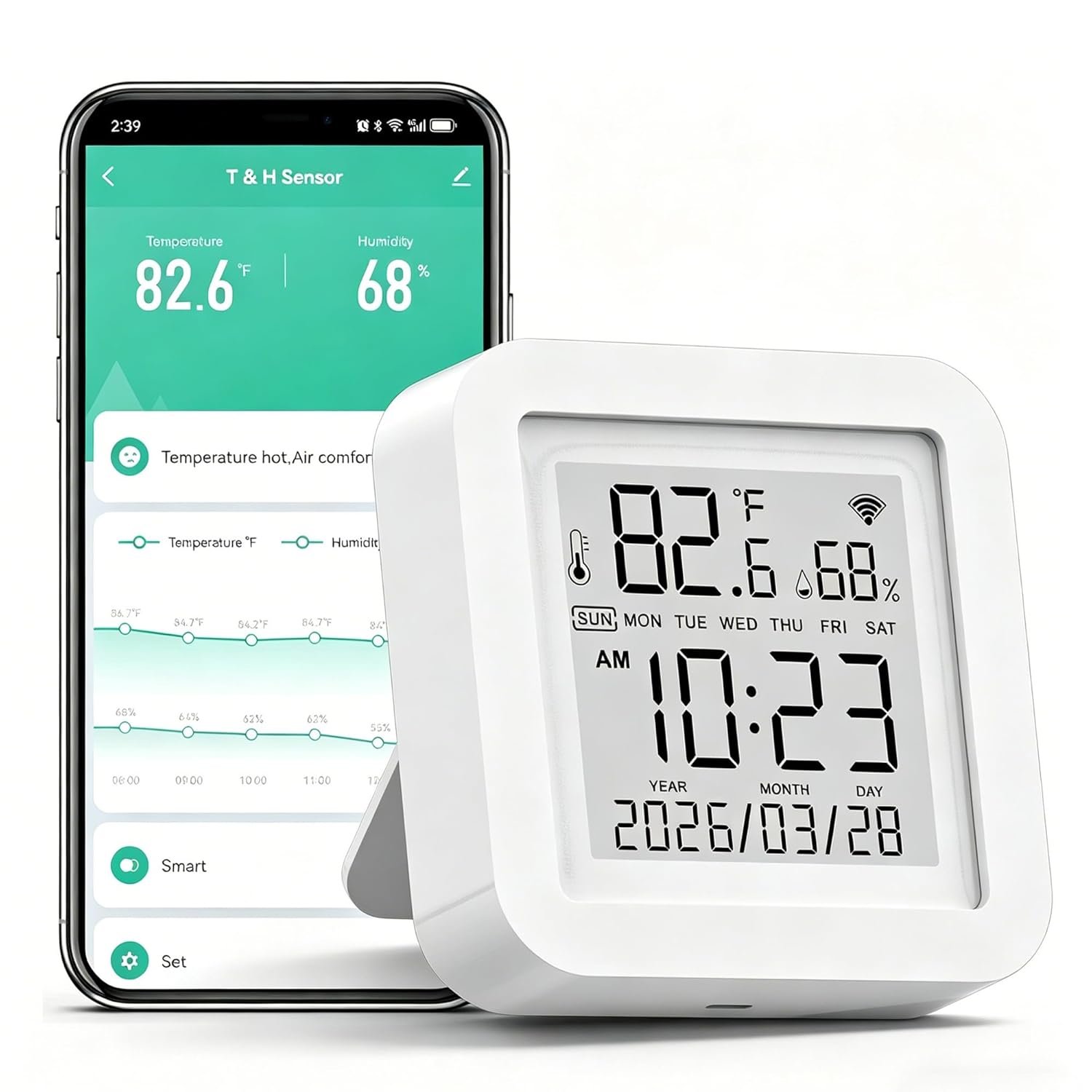 Smart WiFi Temperature Humidity Monitor: TUYA Wireless Temperature Humidity Sensor with APP Notification Alerts, WiFi Thermometer Hygrometer for Home Pet Garage,Compatible with Alexa