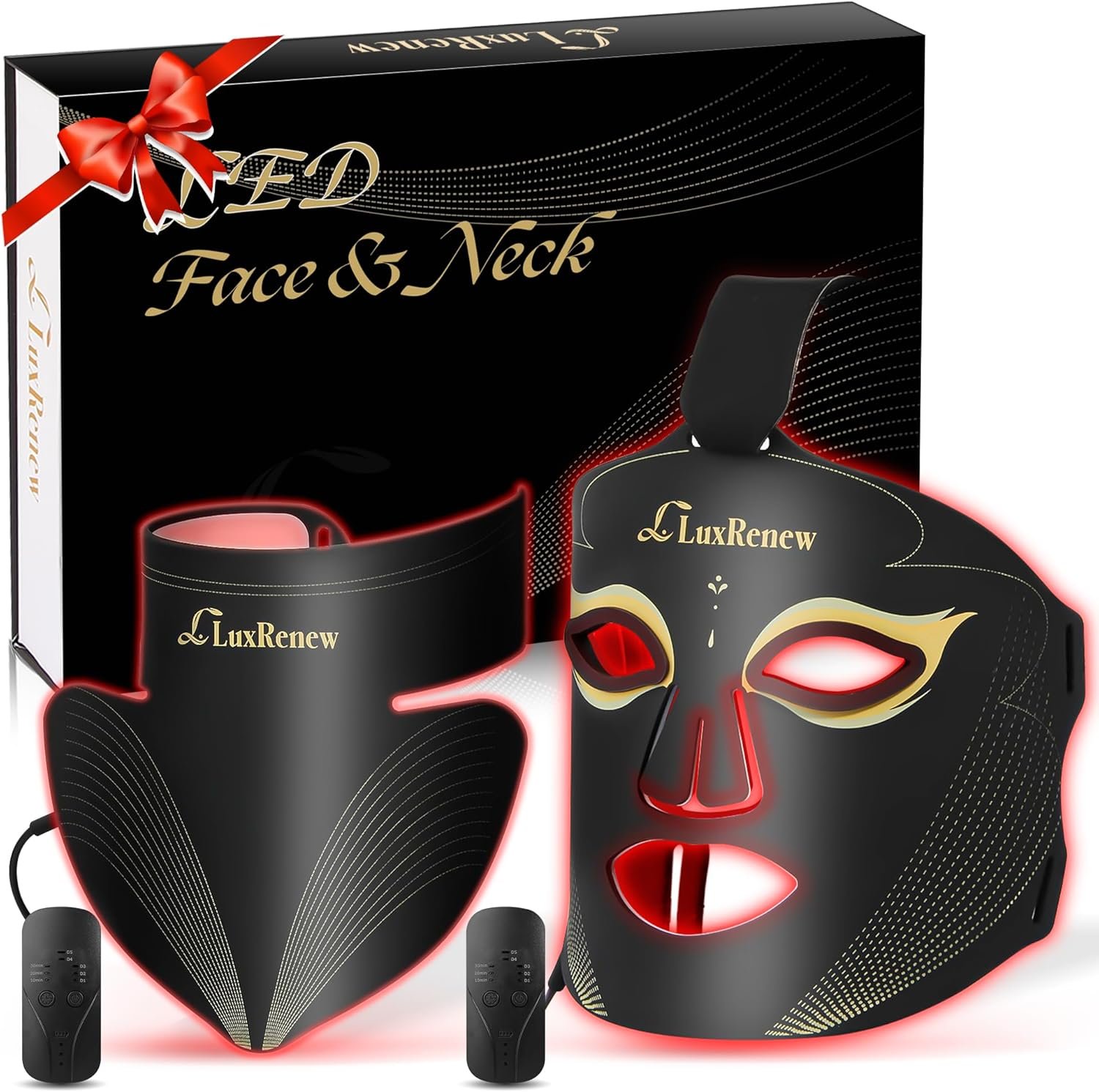 Red Light Therapy Mask Set, Led Mask Light Therapy for Face & Neck, Near-Infrared Light 850nm and Red Light 630nm, 5 Gears Energy Adjustment, Black